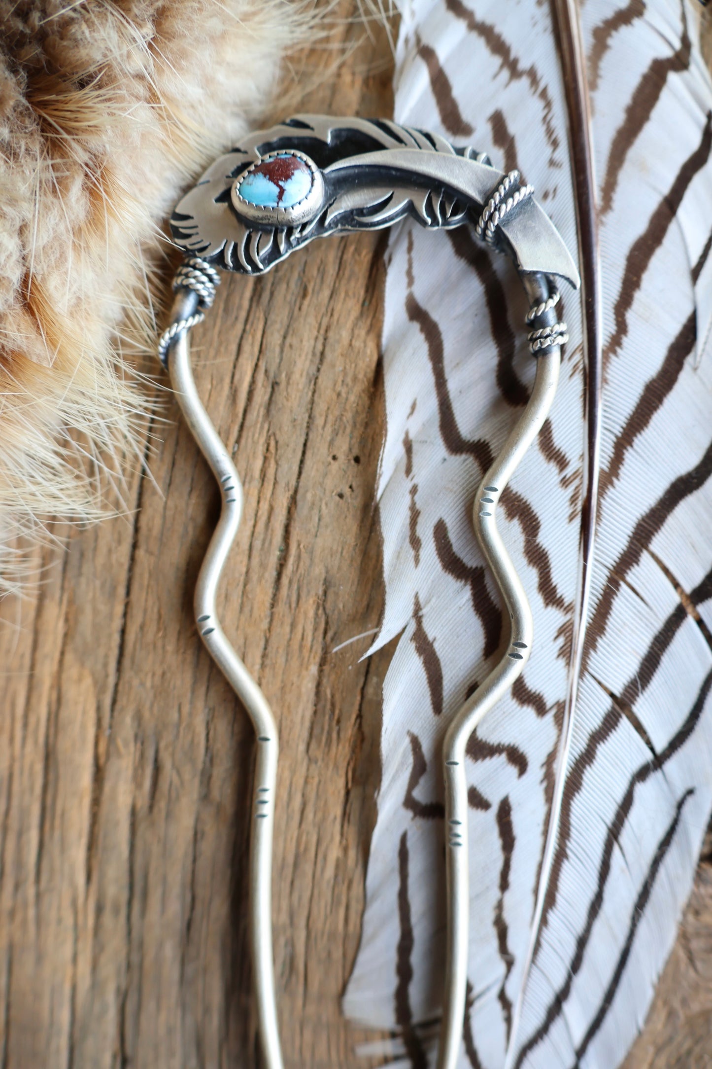Feather Hair Fork with Golden Hills Turquoise