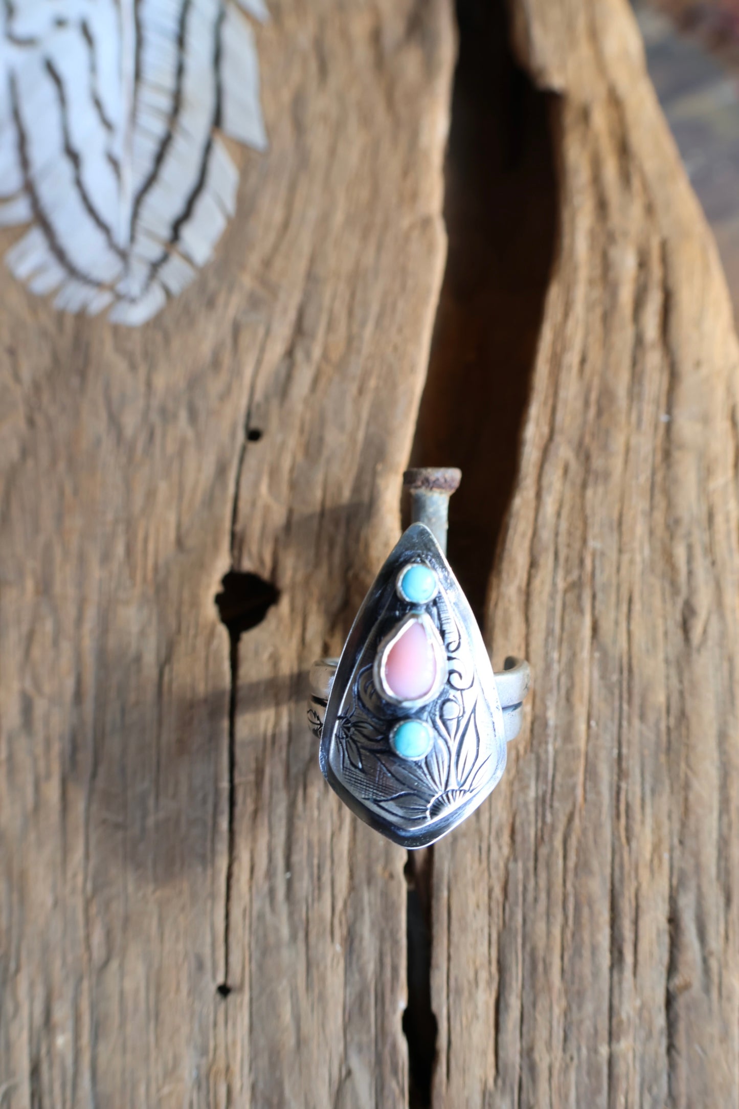 silver flower engraved ring