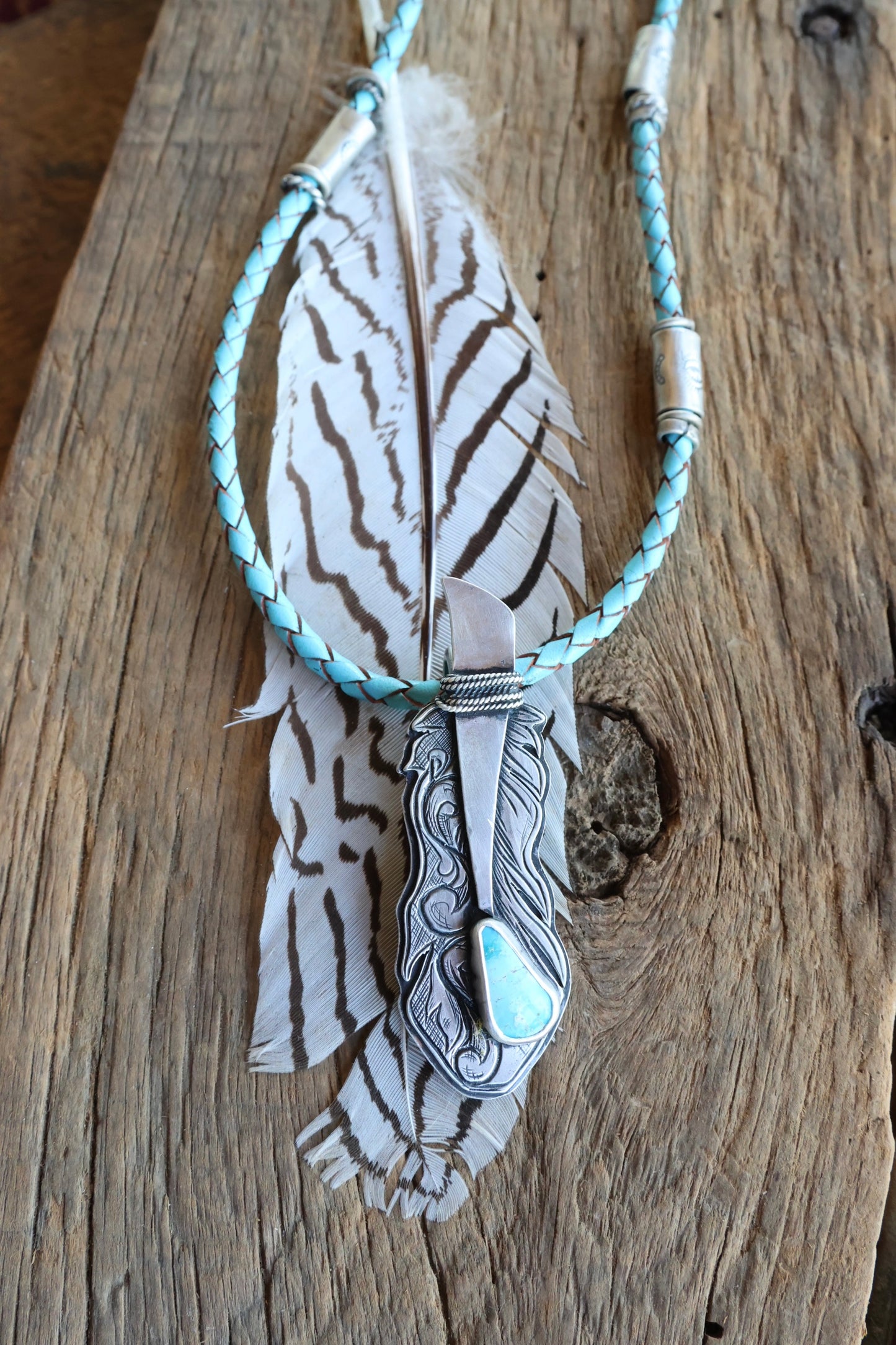 Engraved Feather pendant with Kingamn turquoise