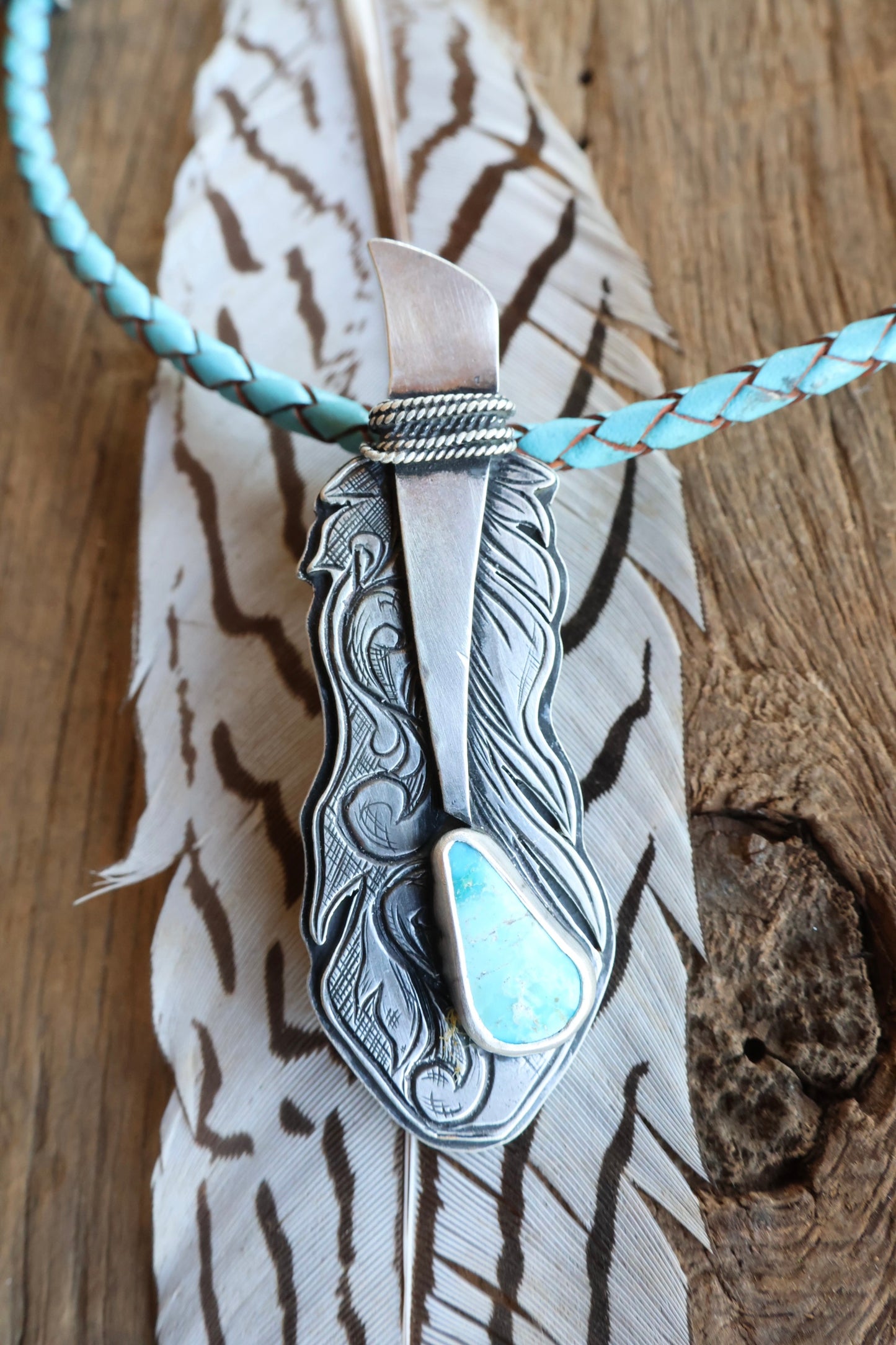 Engraved Feather pendant with Kingamn turquoise