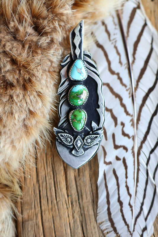 Feather • Owl and Sonoran Gold Turquoise Pendant