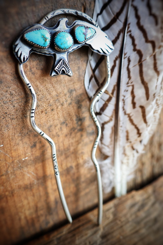 Crow hair fork with turquoise mountain