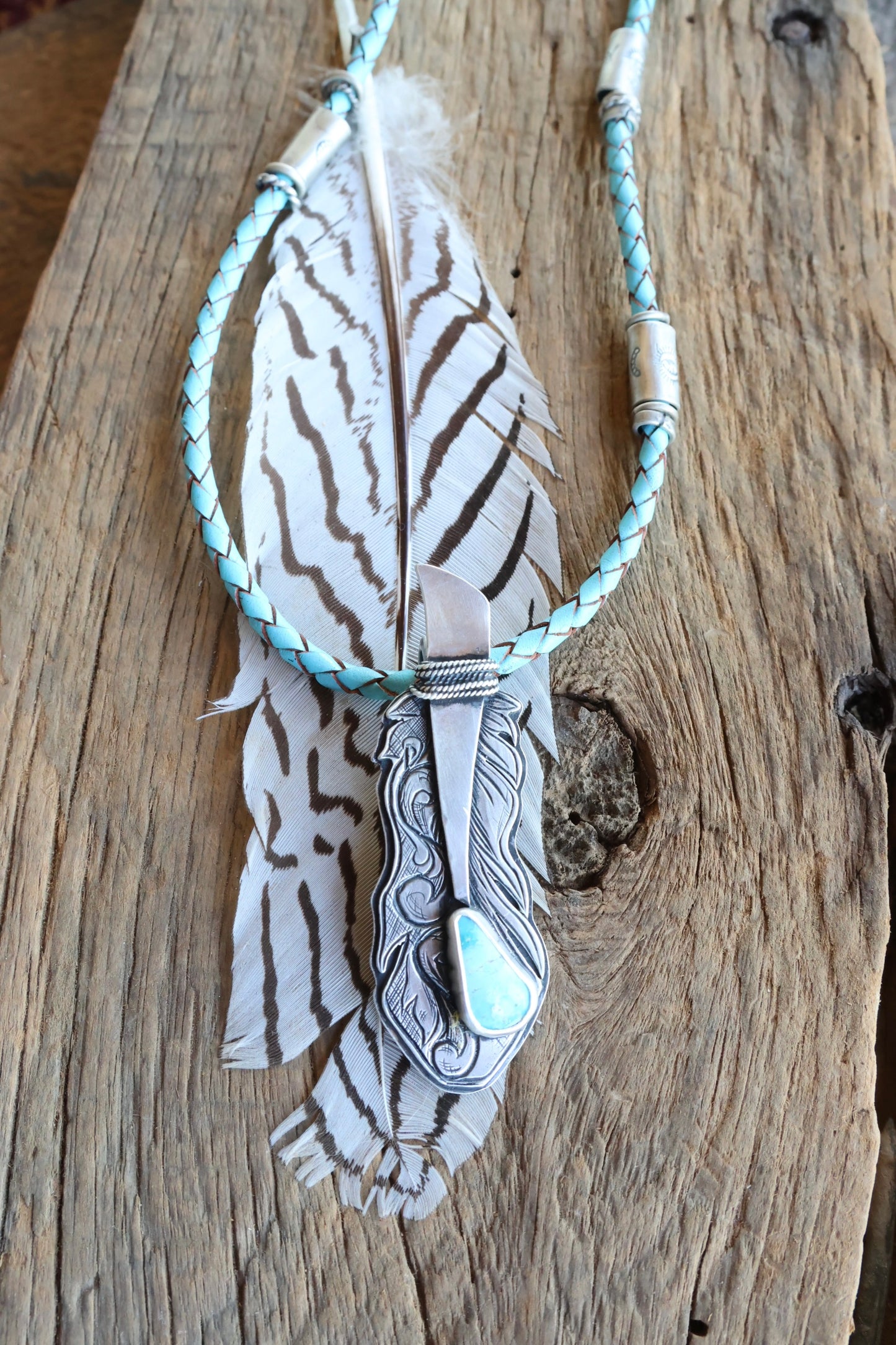 Engraved Feather pendant with Kingamn turquoise