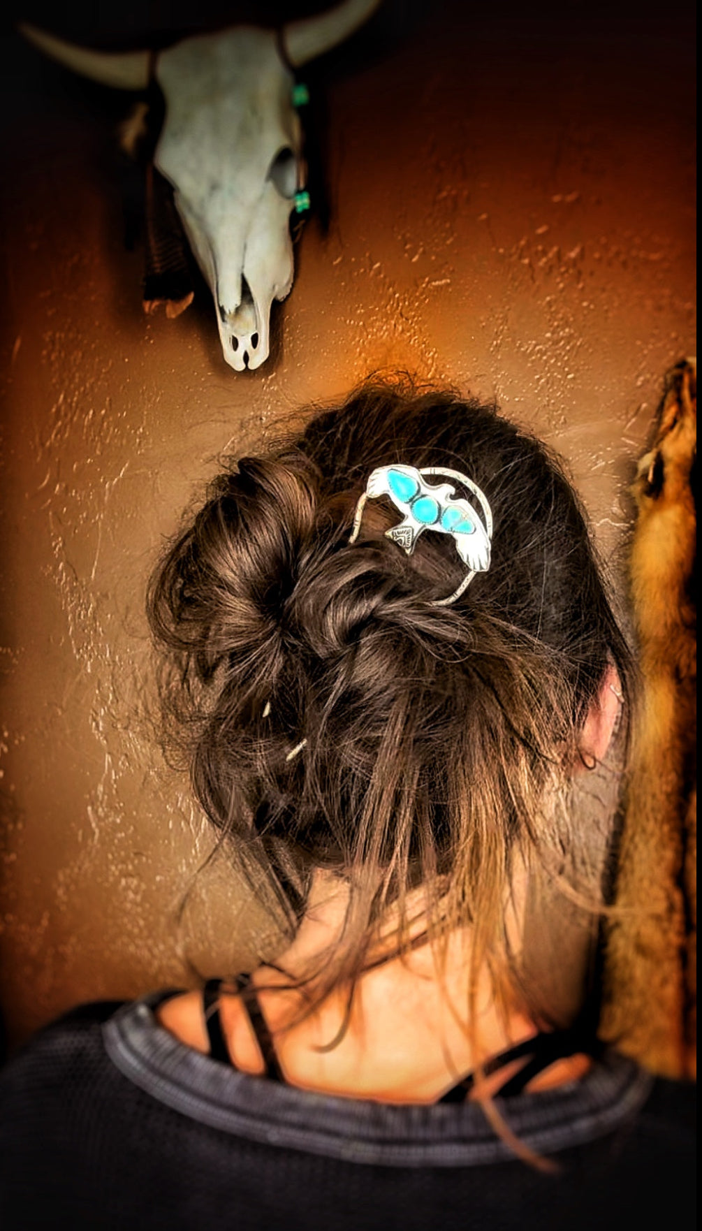 Crow hair fork with turquoise mountain