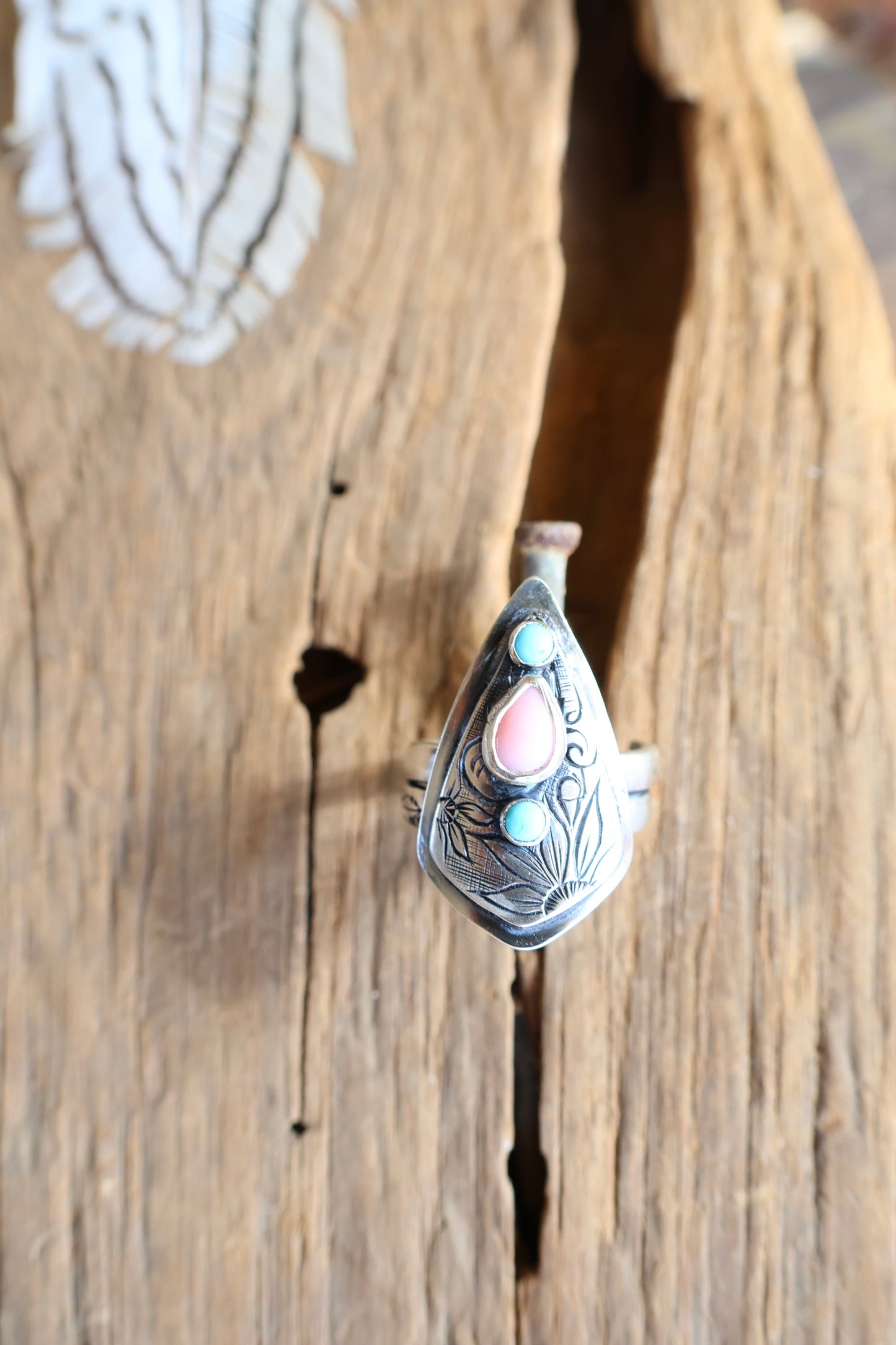 silver flower engraved ring