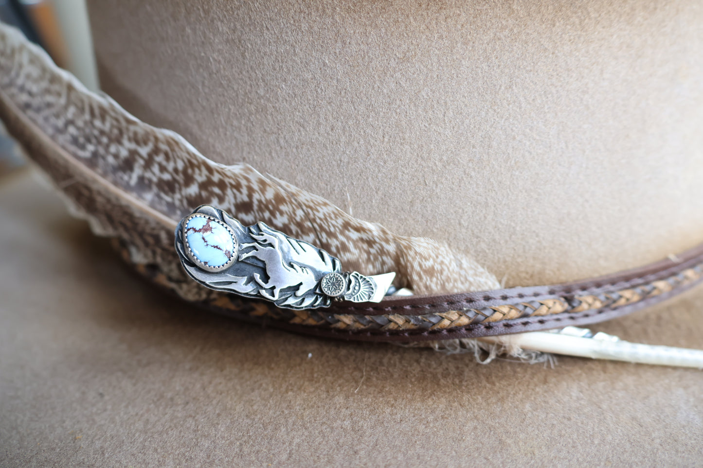 Feather Hat Pick with golden hills turquoise