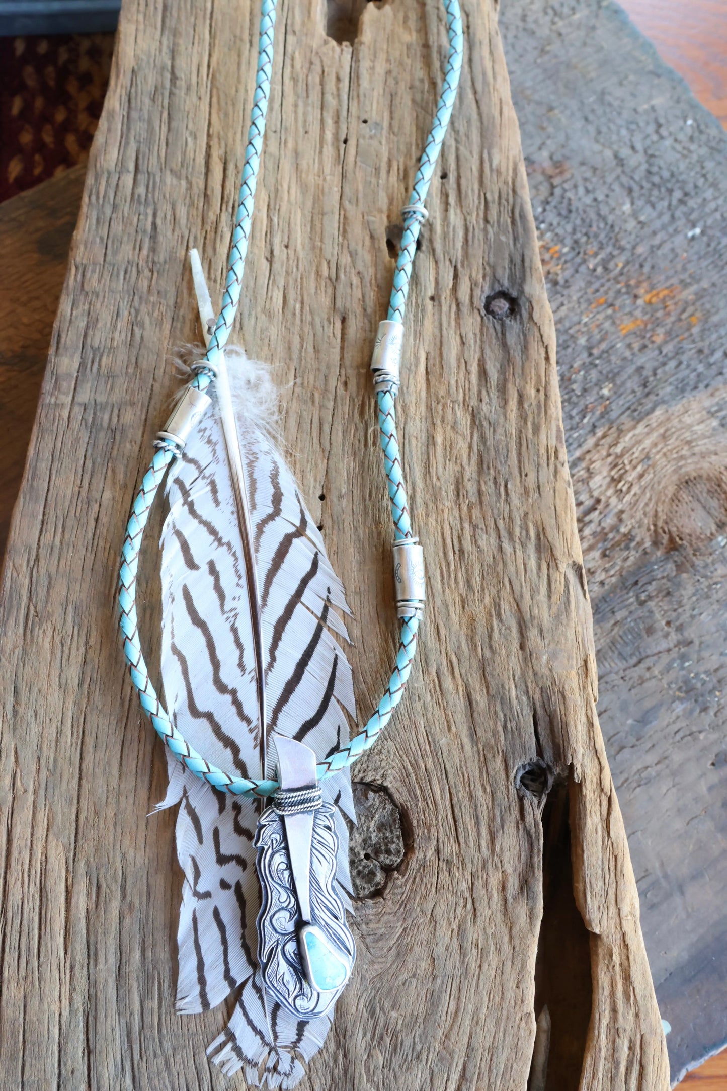 Engraved Feather pendant with Kingamn turquoise