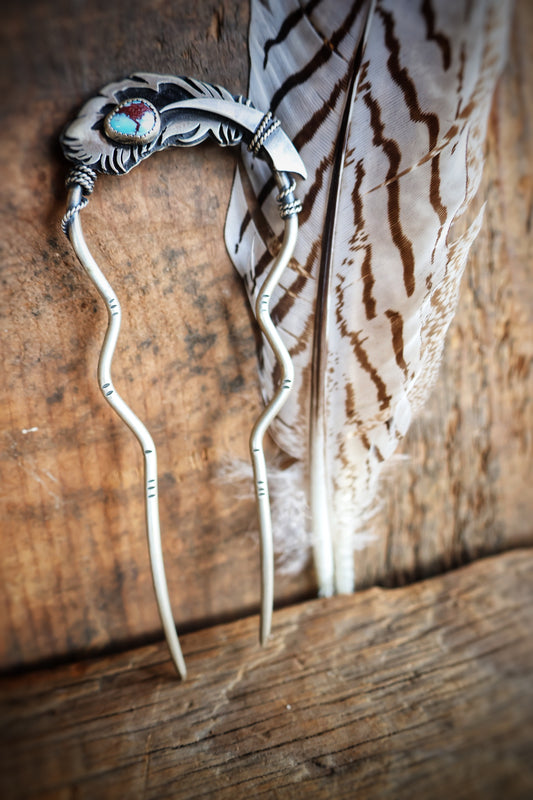 Feather Hair Fork with Golden Hills Turquoise