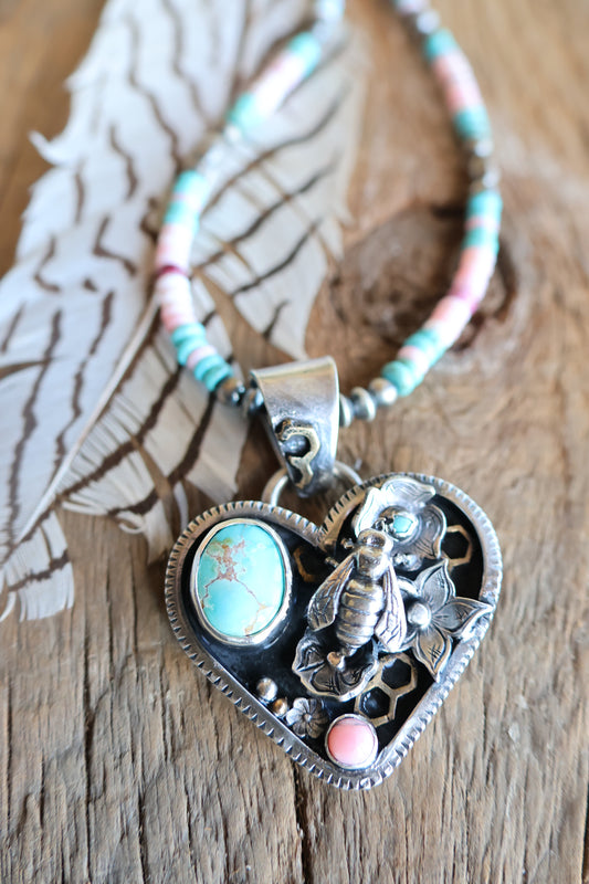 Honey Bee flower heart pendant
