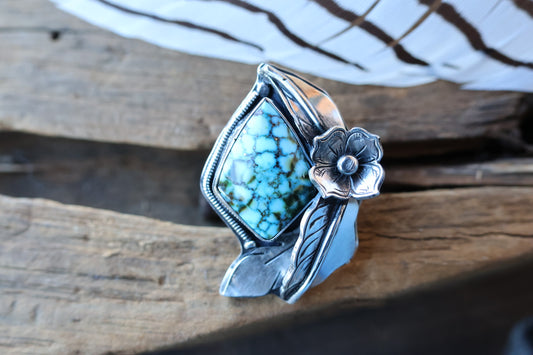 High Grade Kingman Turquoise Flower and Leaf design ring Size 9