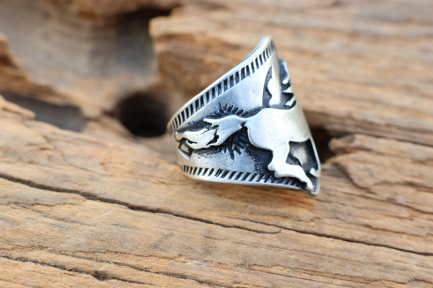 All sterling heavy gauge horse ring hand stamped size 7