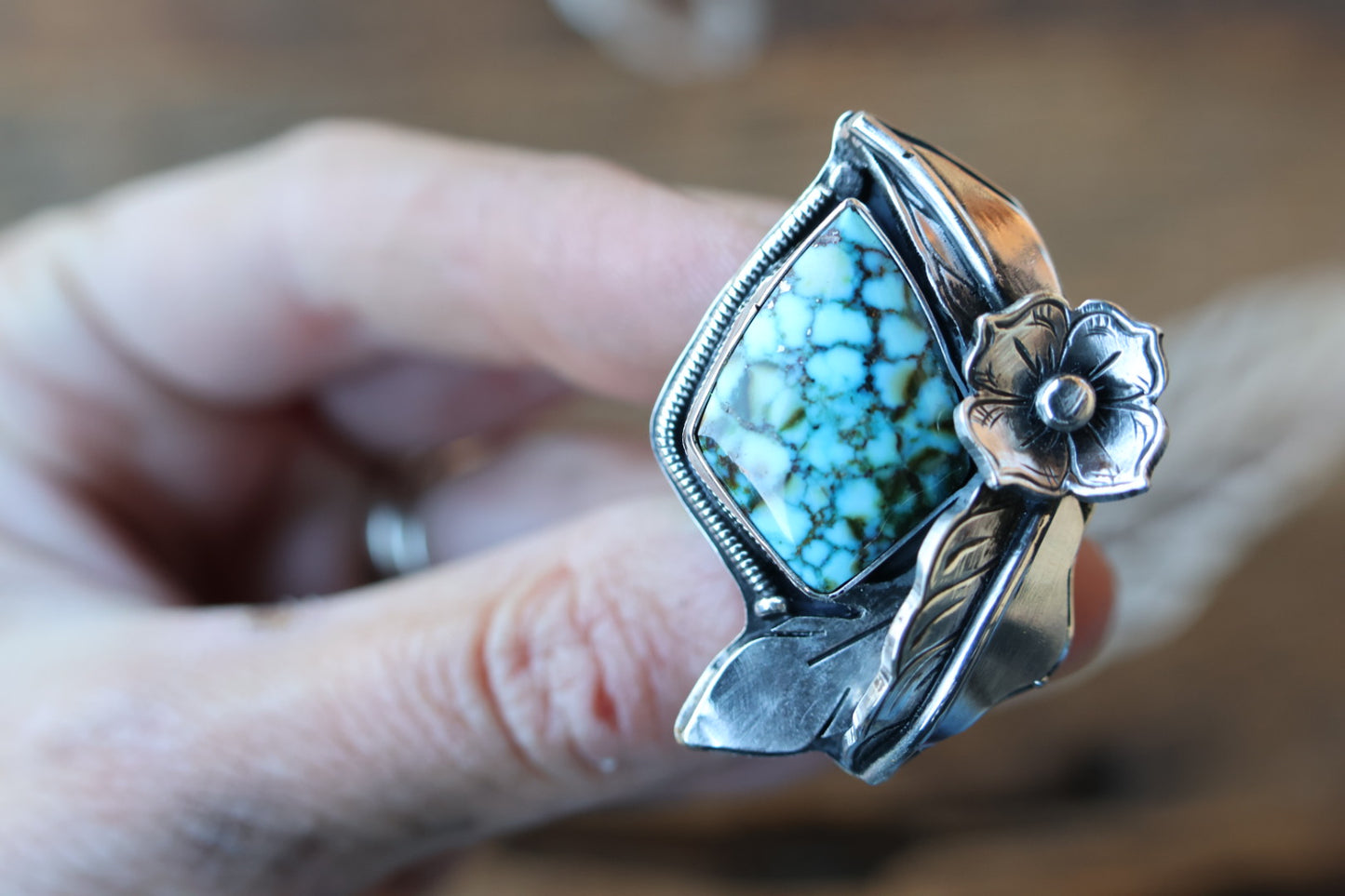 High Grade Kingman Turquoise Flower and Leaf design ring Size 9