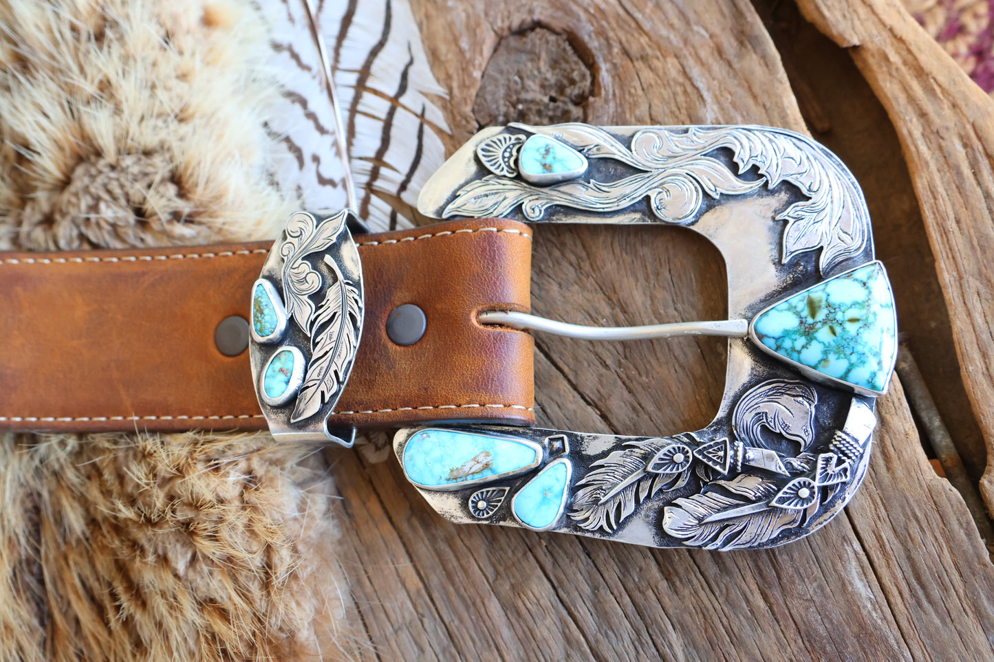 Sterling silver belt keeper with Kingman turquoise