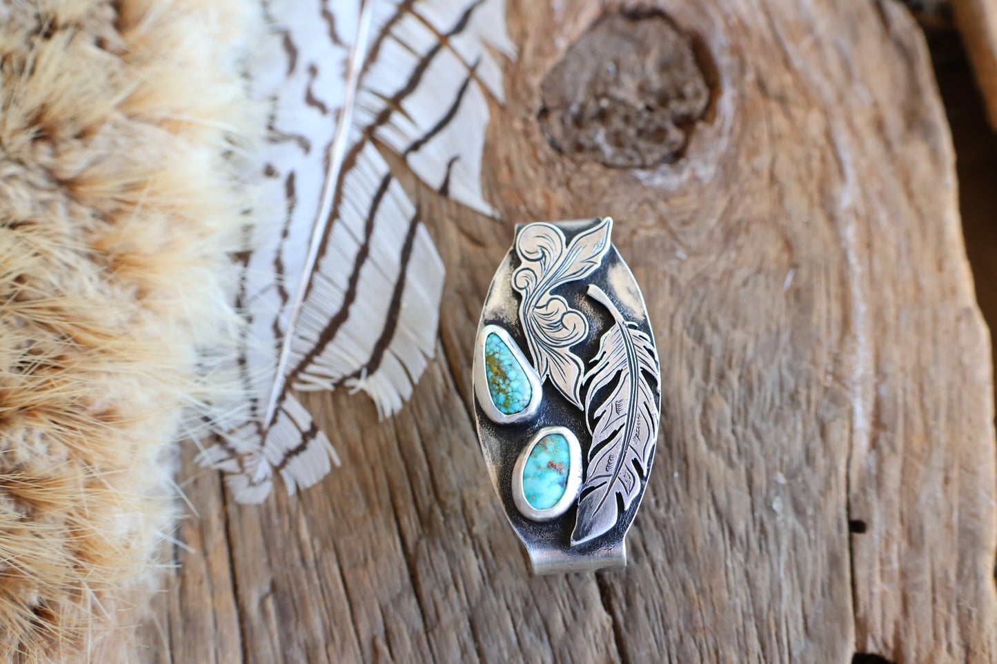 Sterling silver belt keeper with Kingman turquoise