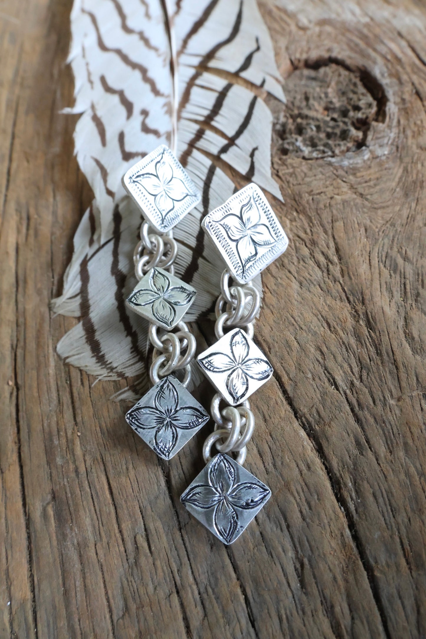 Hand Engraved Dangle flower earrings