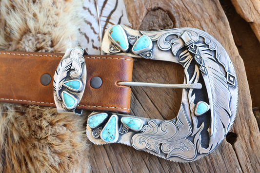 Kingman turquoise belt buckle •Solid sterling silver