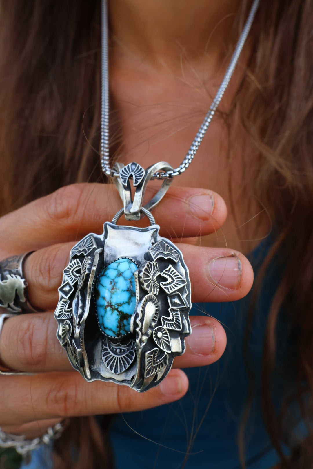 Big Owl necklace with red webbed Kingman turquoise