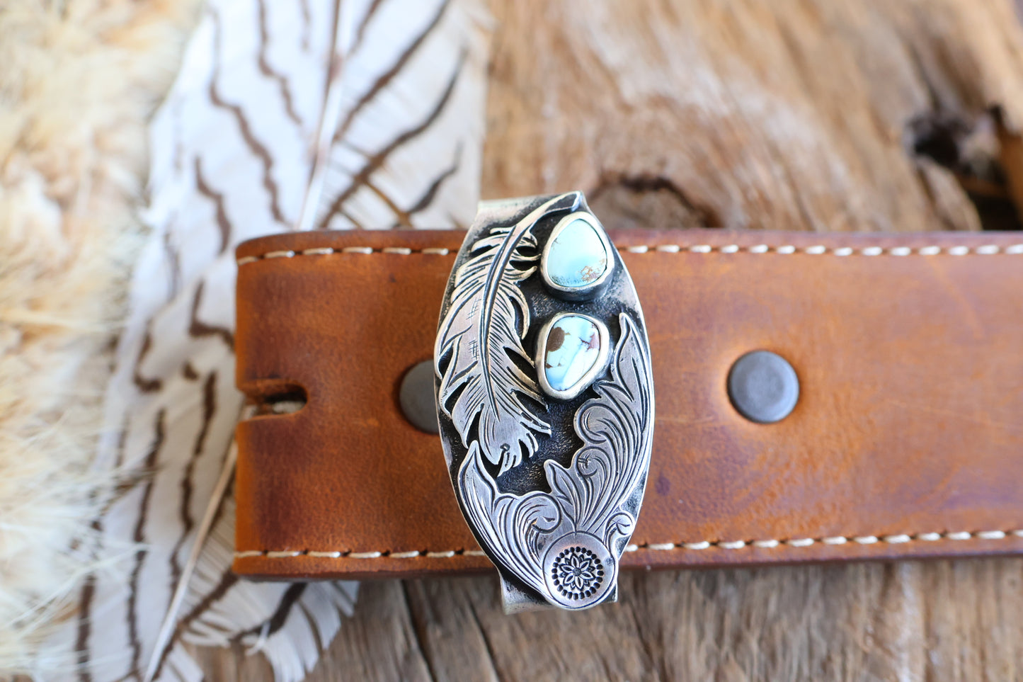 Sterling silver belt keeper with golden hills turquoise