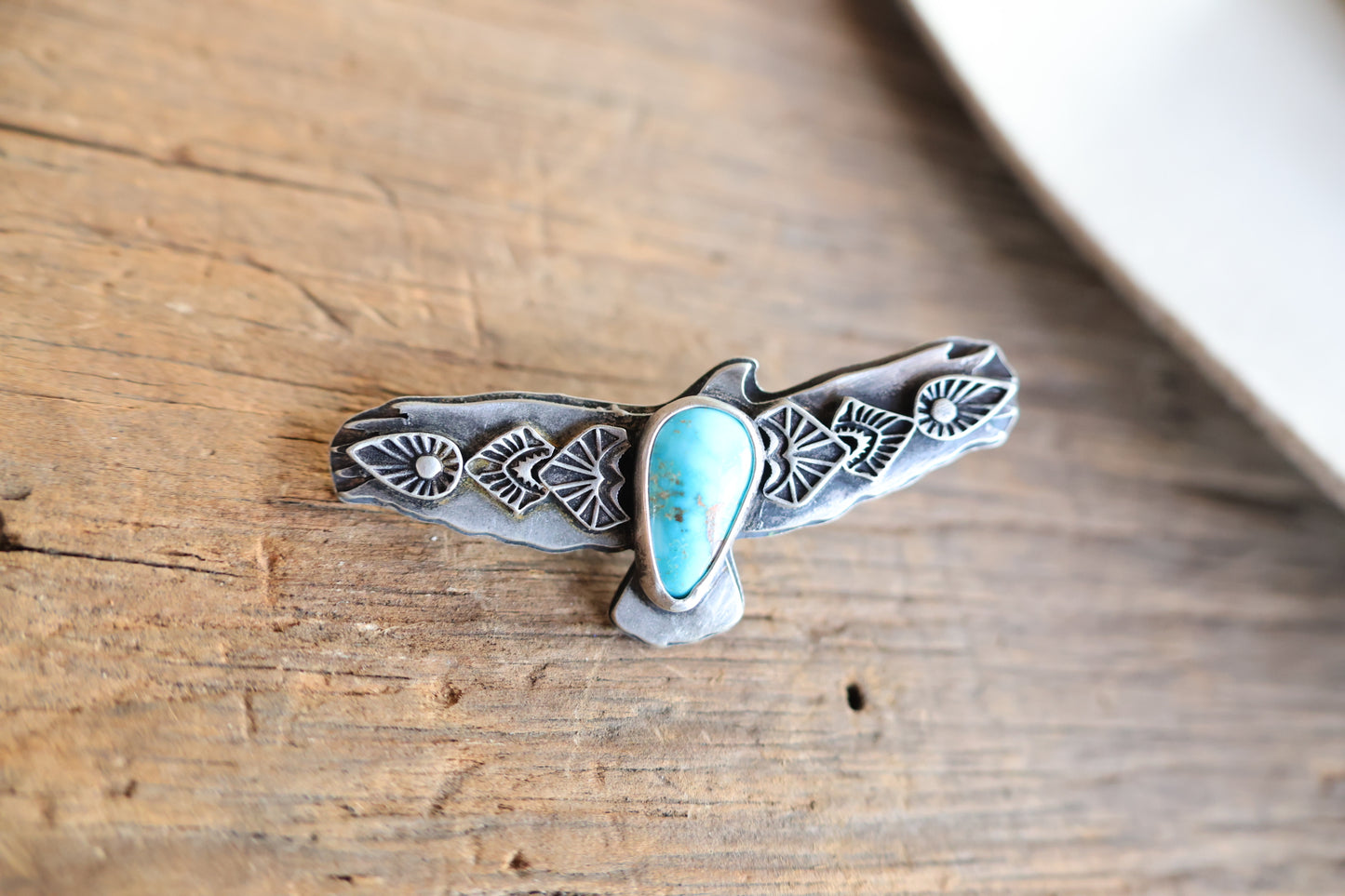Crescent Hawk Pin Hawk pin with Kingman turquoise – SkeletonKeyWorkshop