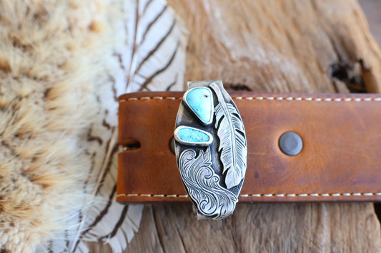 Sterling silver belt keeper with Kingman turquoise