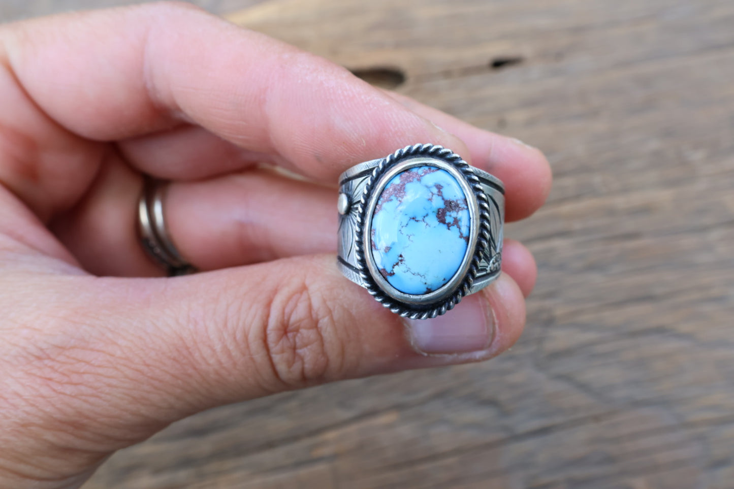 Hand engraved turquoise ring size 9.5