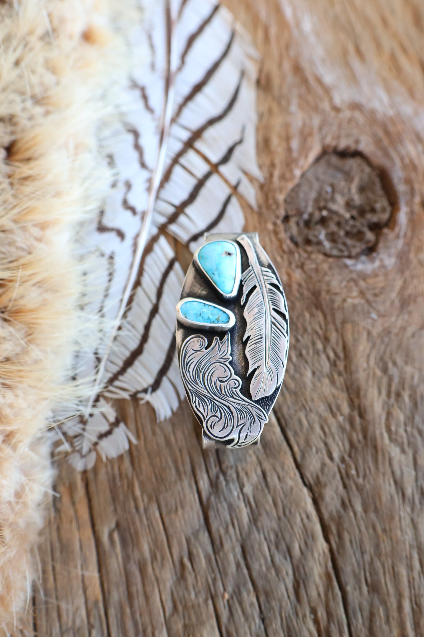 Sterling silver belt keeper with Kingman turquoise