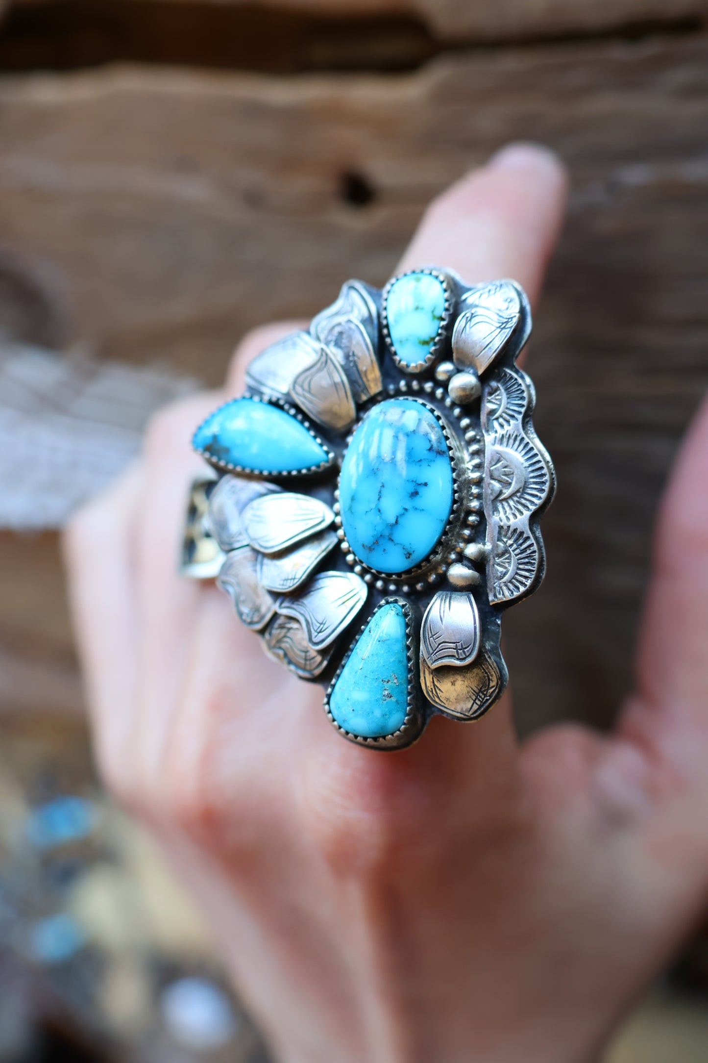 Kingman turquoise flower cluster ring