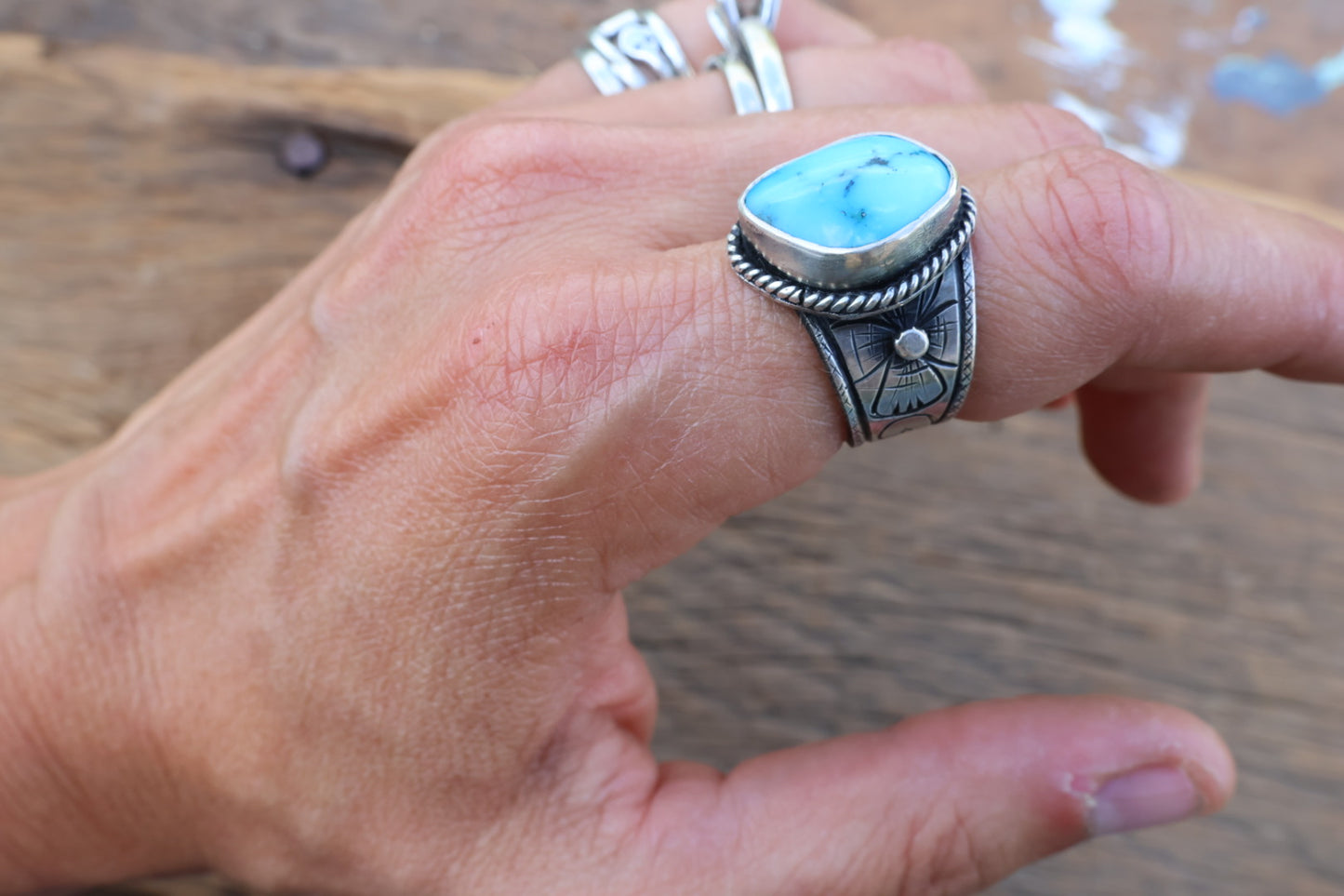 Hand engraved Kingman turquoise ring size 6.75