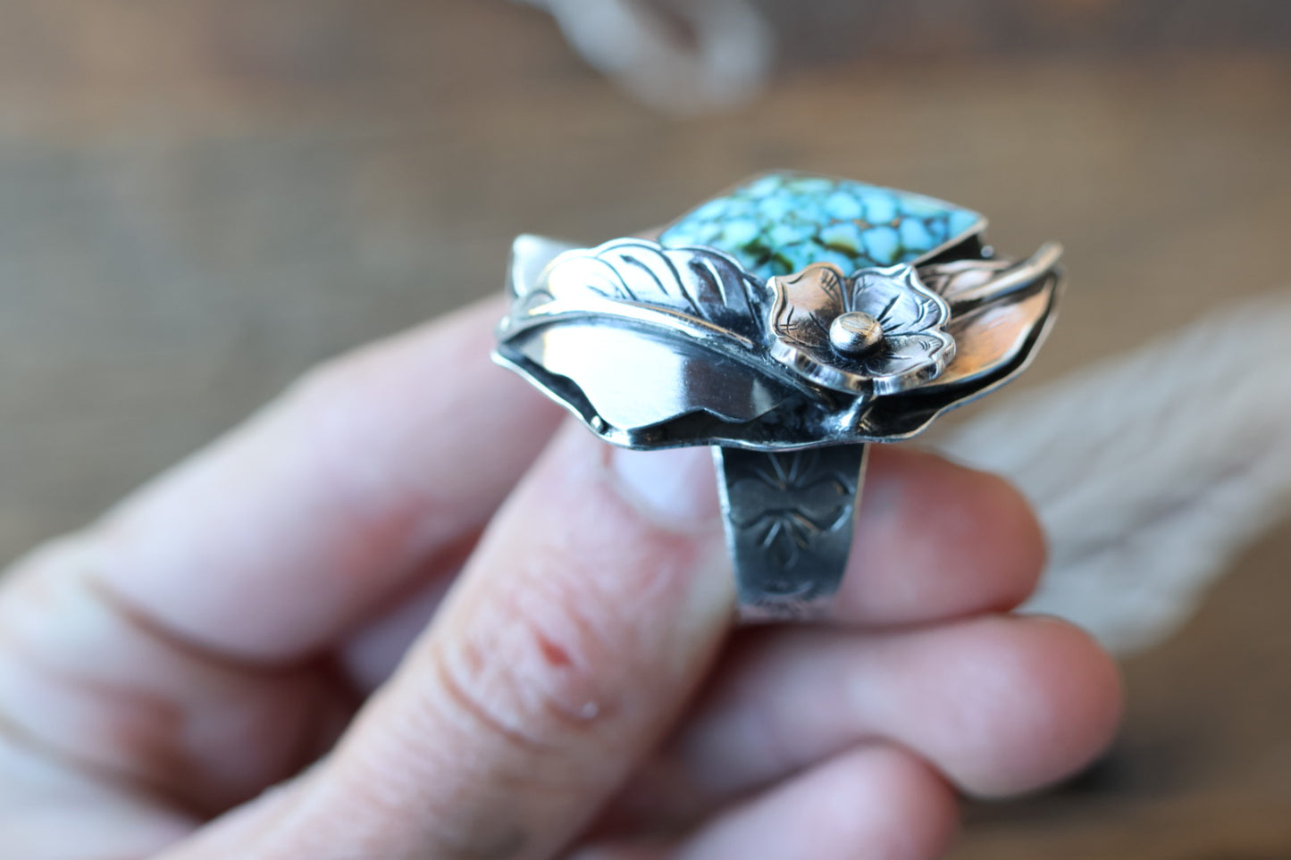 High Grade Kingman Turquoise Flower and Leaf design ring Size 9