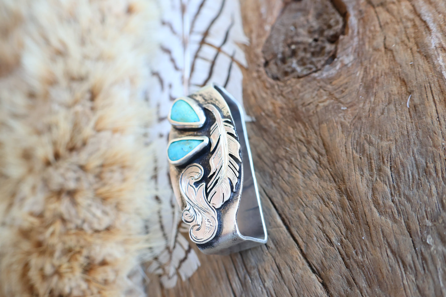 Sterling silver belt keeper with Kingman turquoise