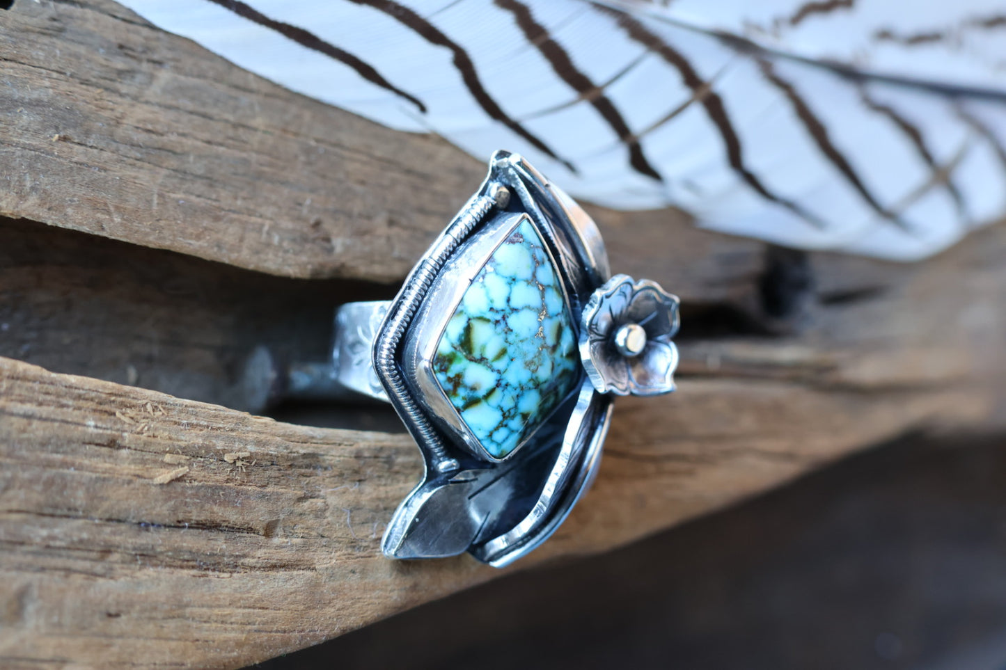 High Grade Kingman Turquoise Flower and Leaf design ring Size 9