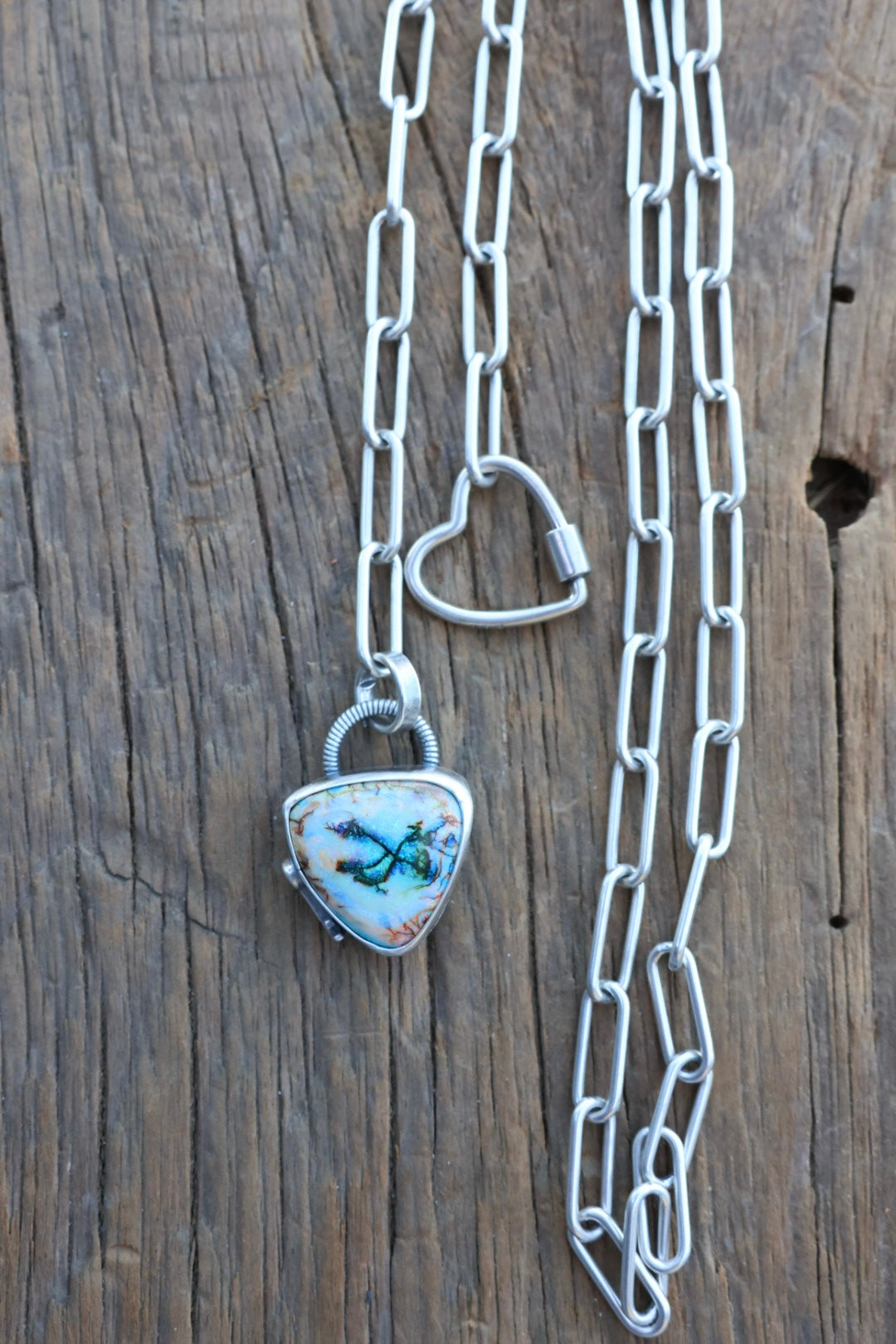 Sterling Opal on paper clip chain with Heart Clasp