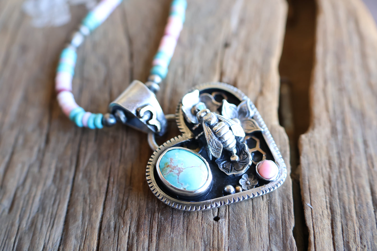 Honey Bee flower heart pendant