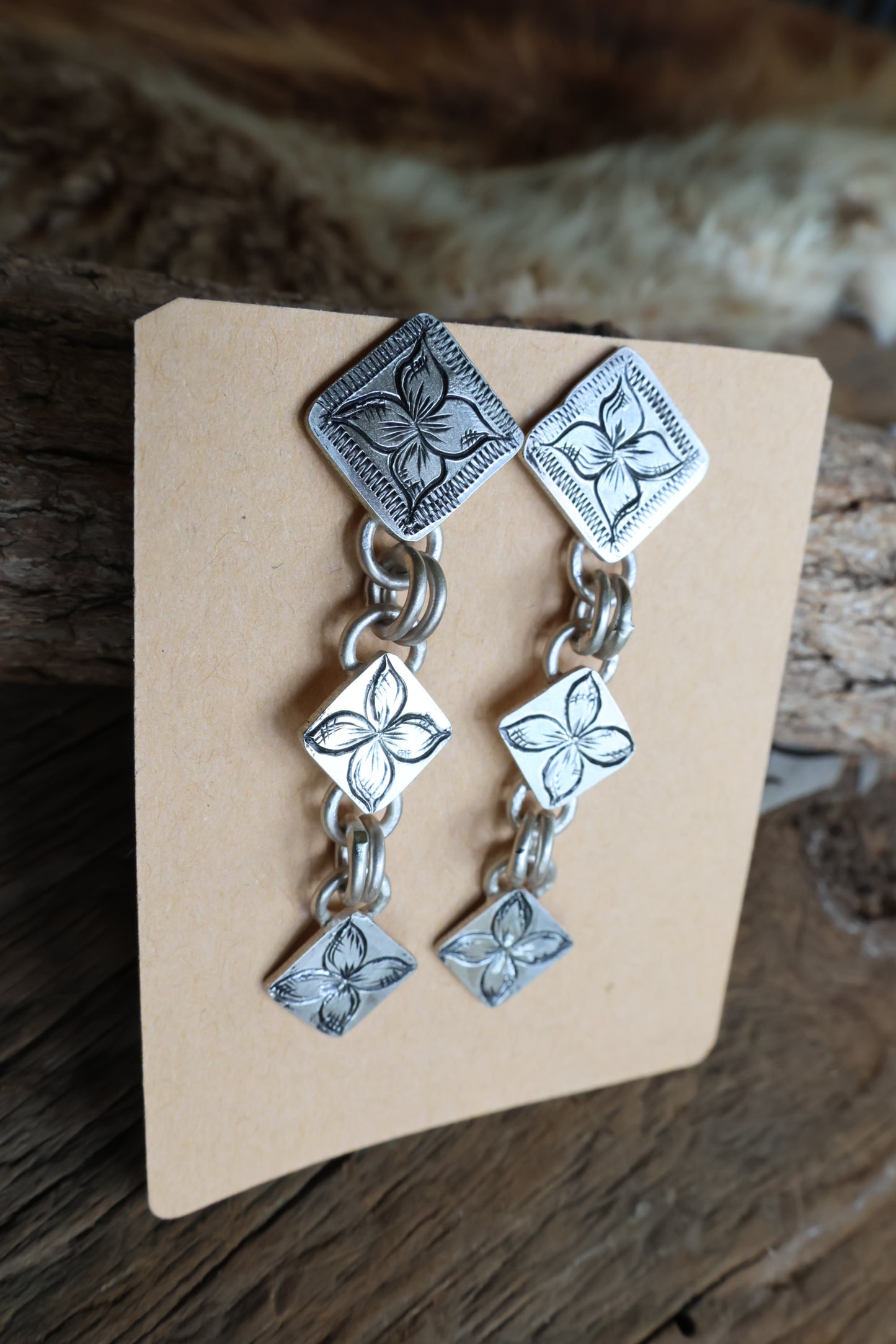 Hand Engraved Dangle flower earrings