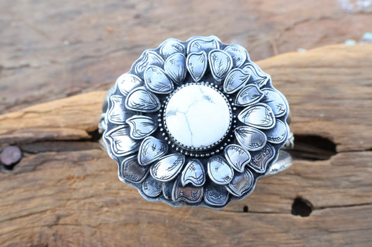 White buffalo flower engraved cuff