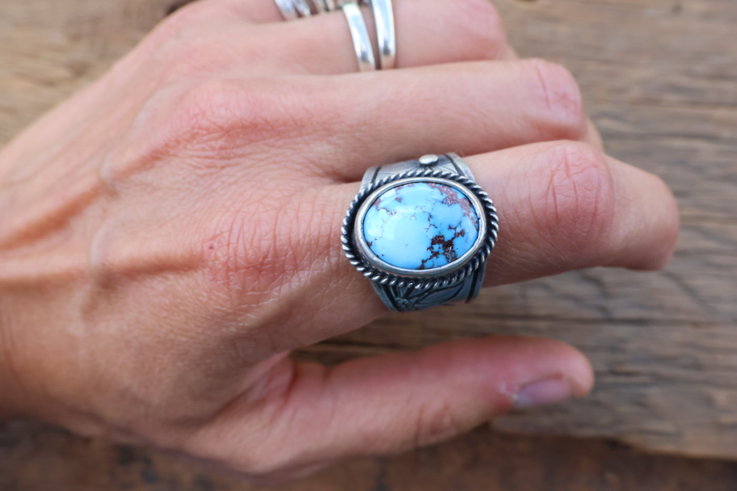 Hand engraved turquoise ring size 9.5