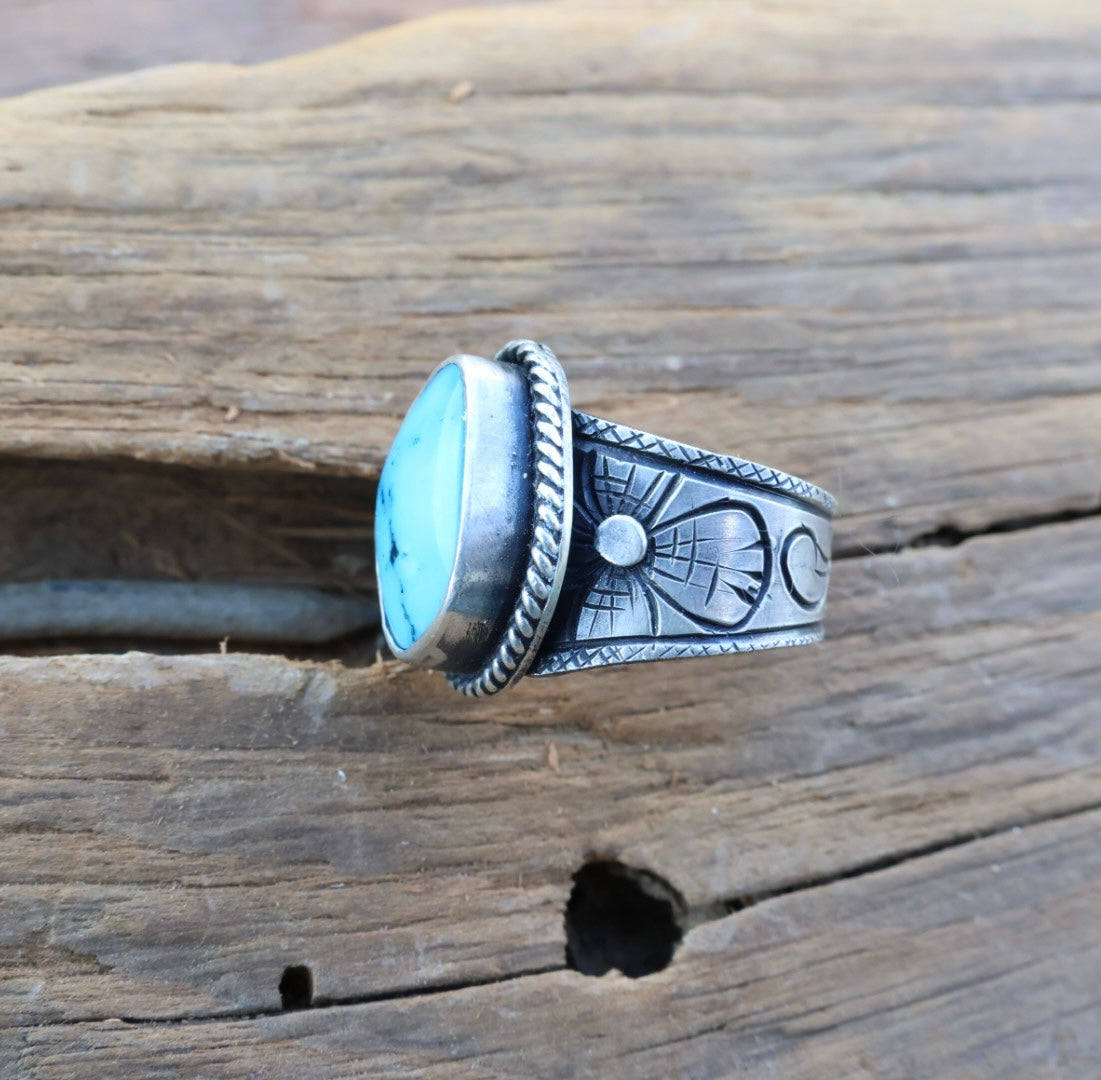 Hand engraved Kingman turquoise ring size 6.75