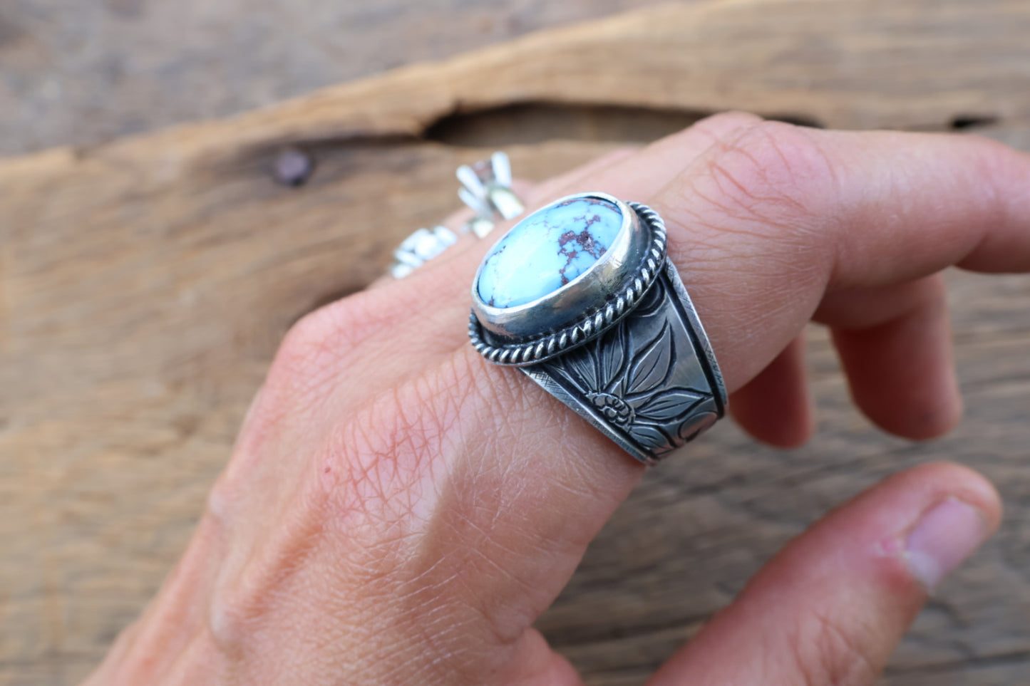 Hand engraved turquoise ring size 9.5