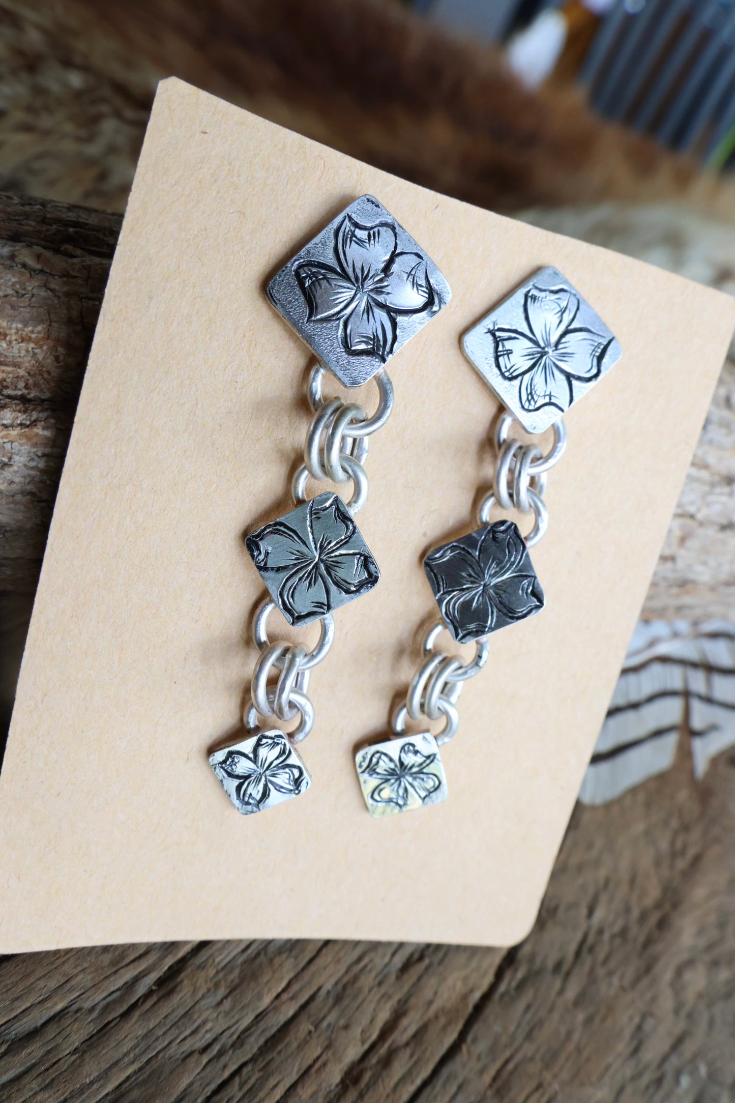 Hand Engraved Dangle flower earrings