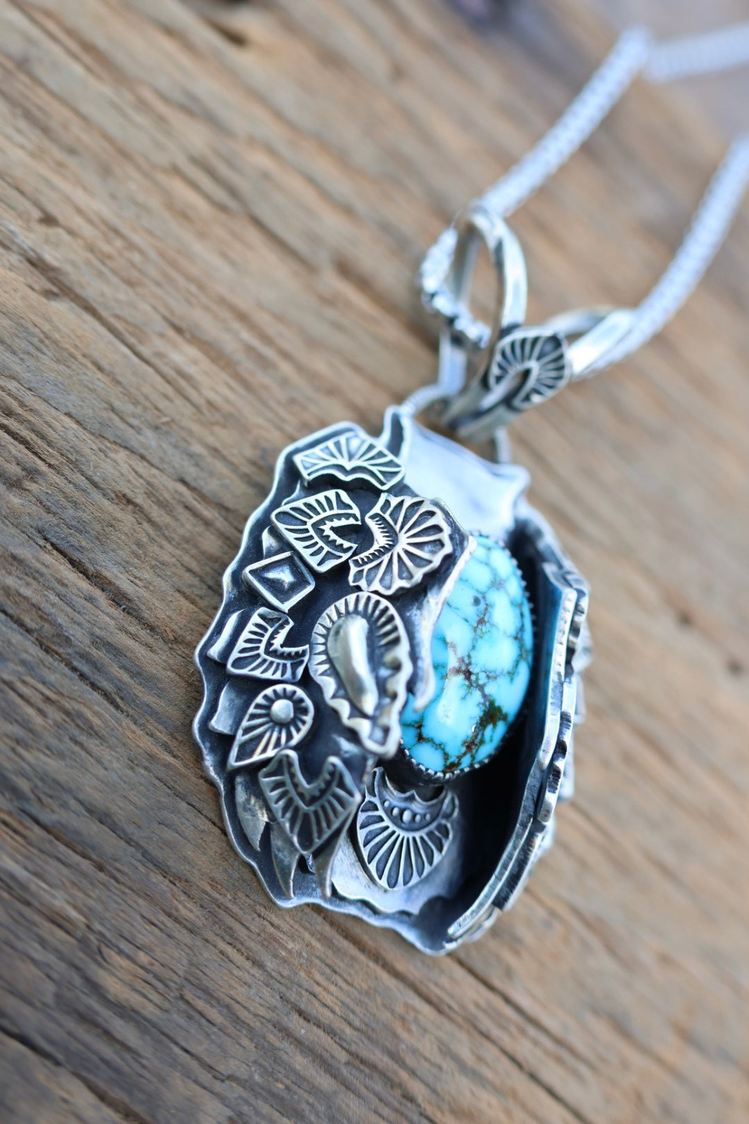 Big Owl necklace with red webbed Kingman turquoise