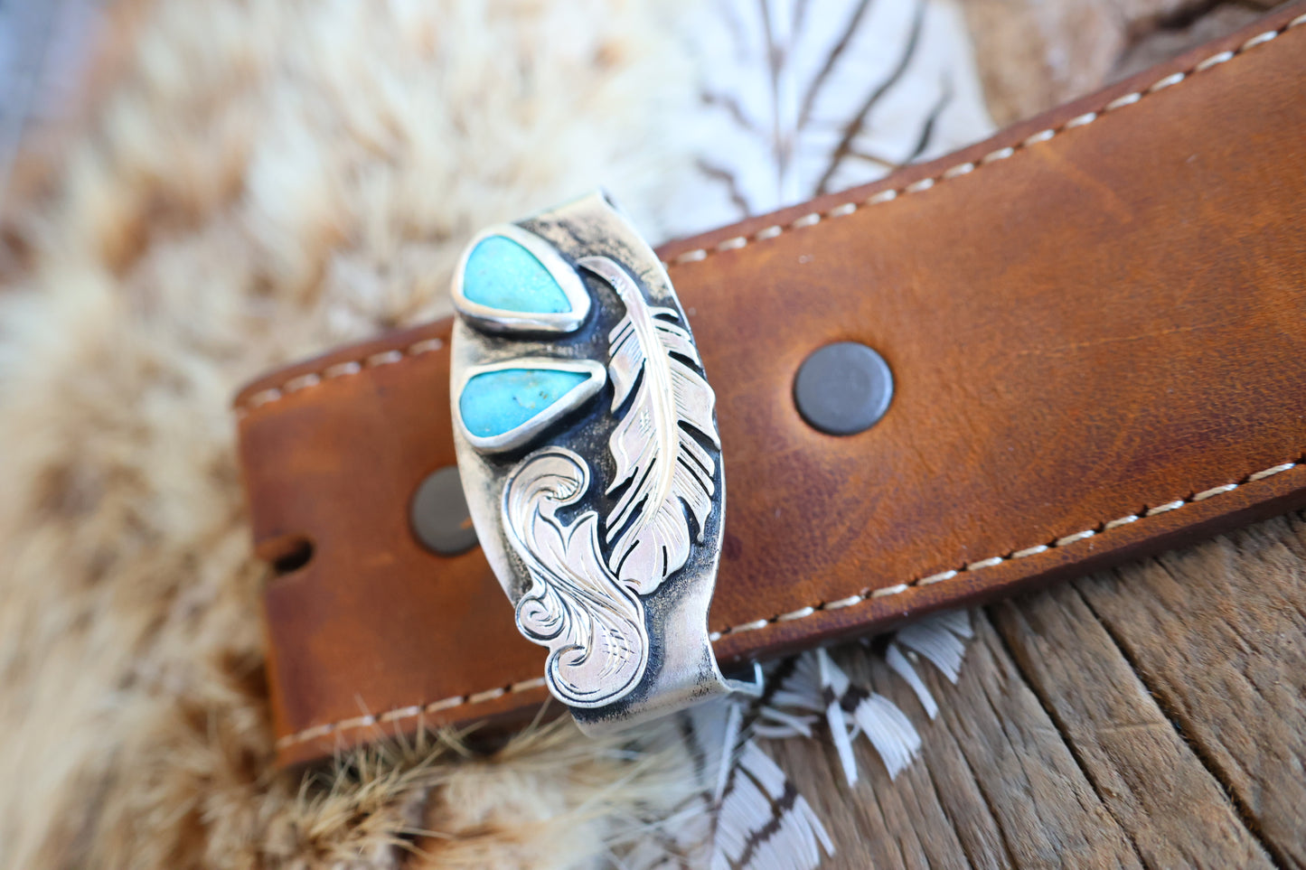 Sterling silver belt keeper with Kingman turquoise