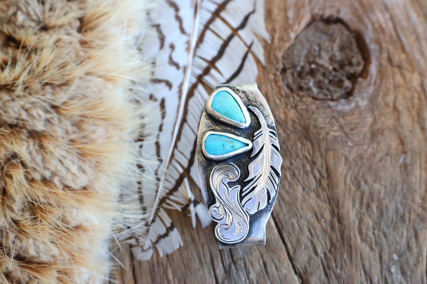 Sterling silver belt keeper with Kingman turquoise