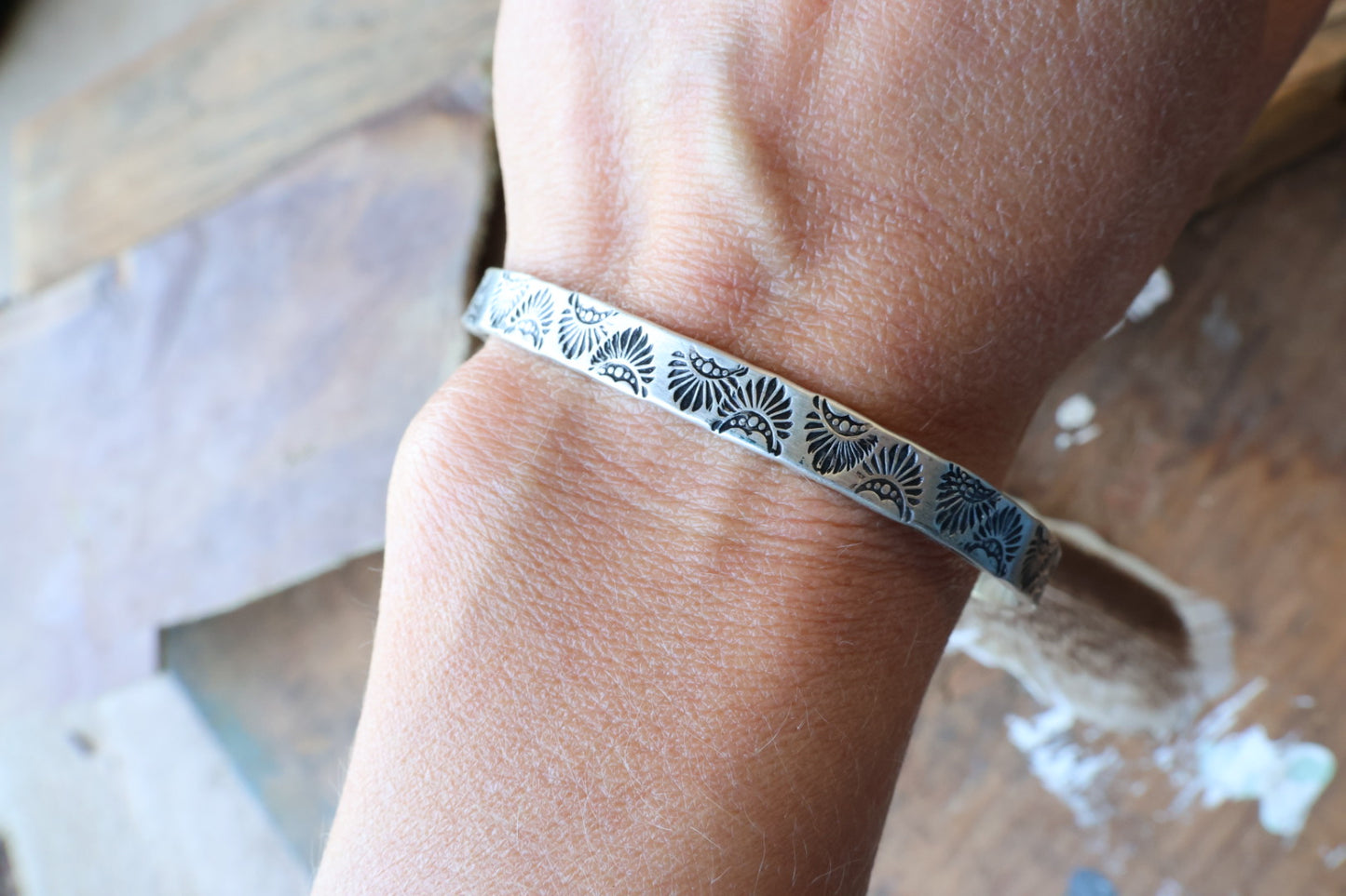 Hand stamped silver cuff 6” plus gap