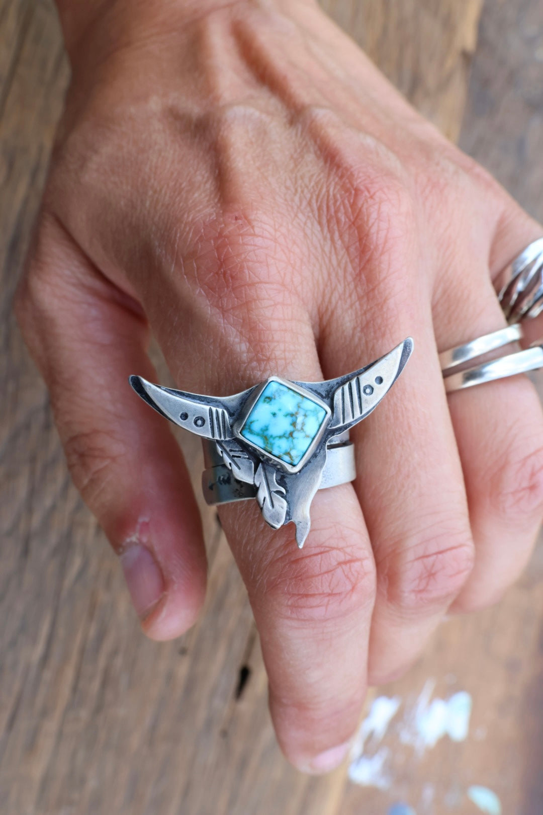 Gretta ring Kingman turquoise long horn adjustable ring