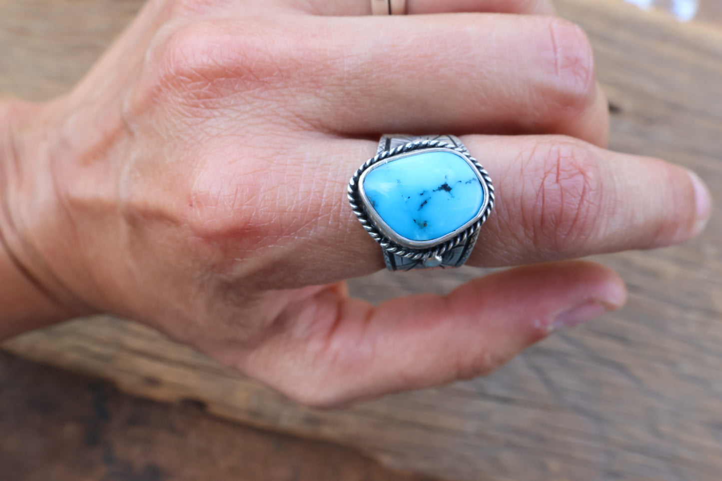 Hand engraved Kingman turquoise ring size 6.75