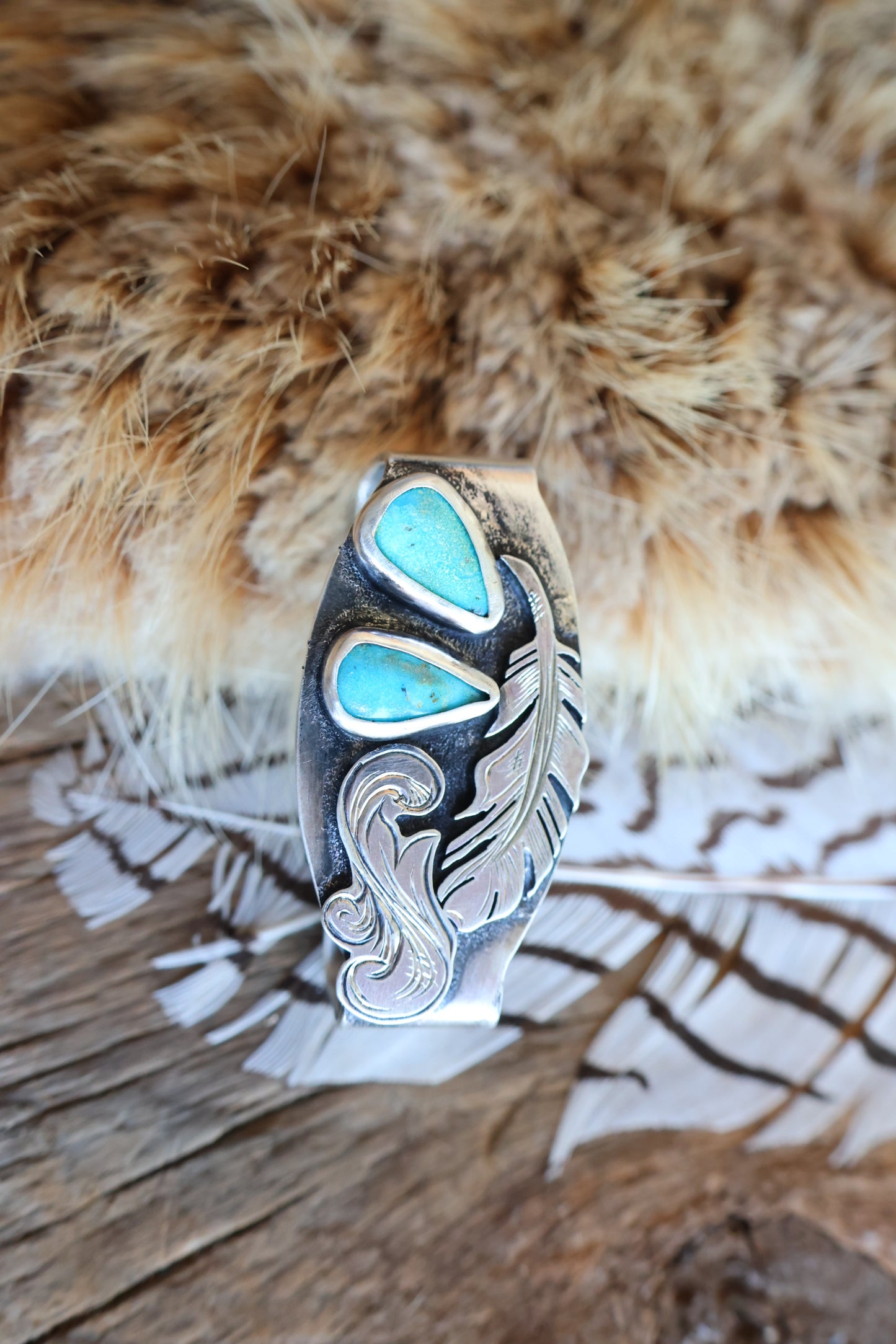 Sterling silver belt keeper with Kingman turquoise