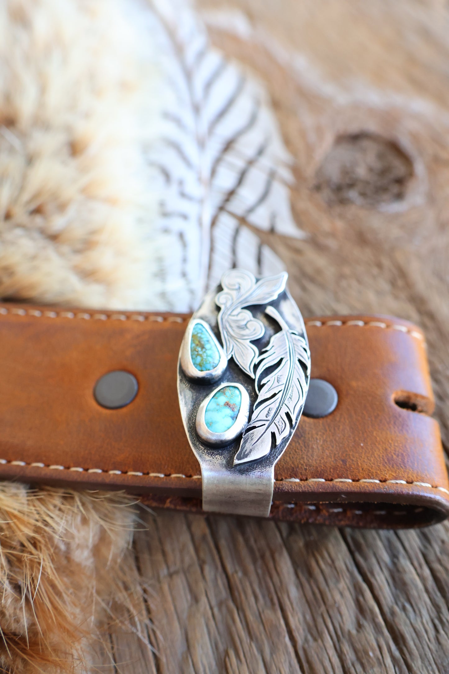 Sterling silver belt keeper with Kingman turquoise