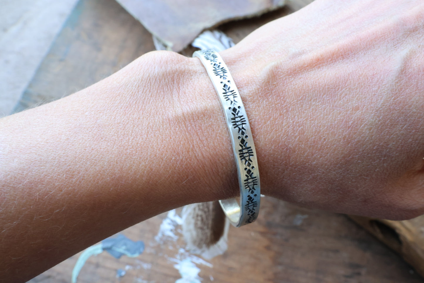 Hand stamped silver cuff 5 3/4” plus gap