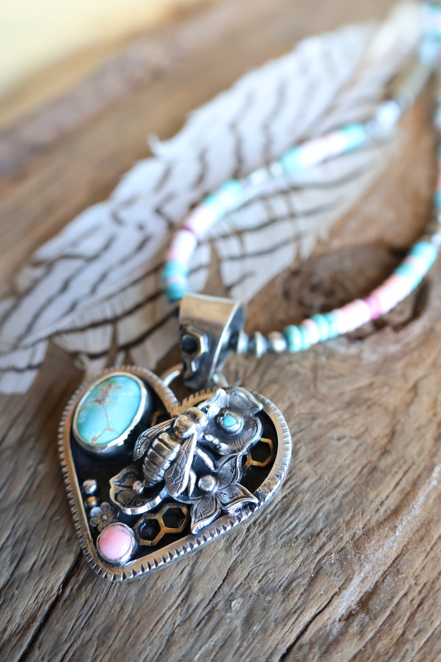 Honey Bee flower heart pendant