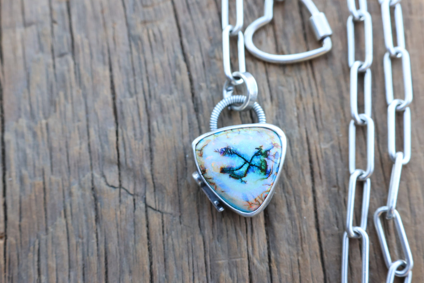 Sterling Opal on paper clip chain with Heart Clasp